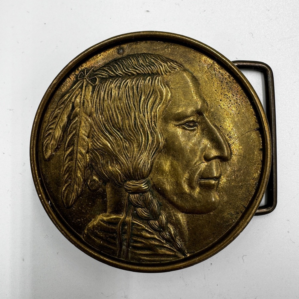 Vintage‎ Baron Buckles Solid Brass Native American Chief Belt Buckle 416 Round